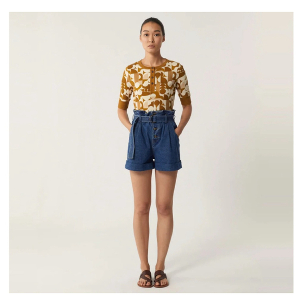 Shoulder Denim Shorts Size 40 Blue medium high waisted